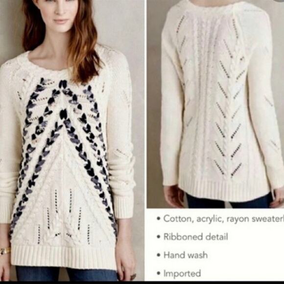 Anthropologie Sweaters - NWOT-$158 Anthropologie Knitted & Knotted Ivory Ribbon Cable Knit Sweater Size:L